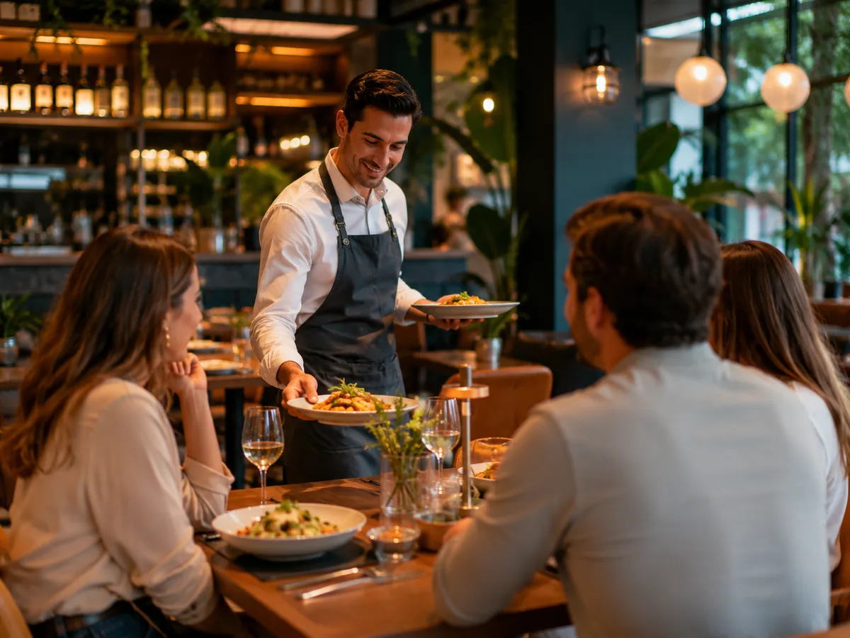 Camarero sirviendo platos a una mesa de clientes en la sala de un restaurante
